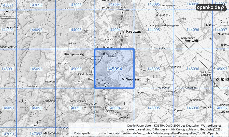 Übersichtskarte des KOSTRA-DWD-2020-Rasterfeldes Nr. 145094