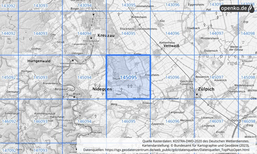 Übersichtskarte des KOSTRA-DWD-2020-Rasterfeldes Nr. 145095