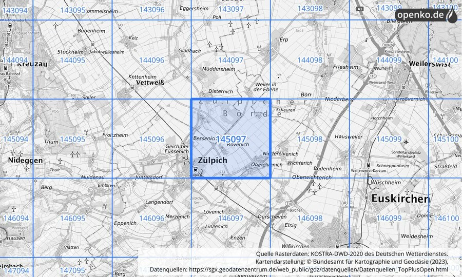 Übersichtskarte des KOSTRA-DWD-2020-Rasterfeldes Nr. 145097