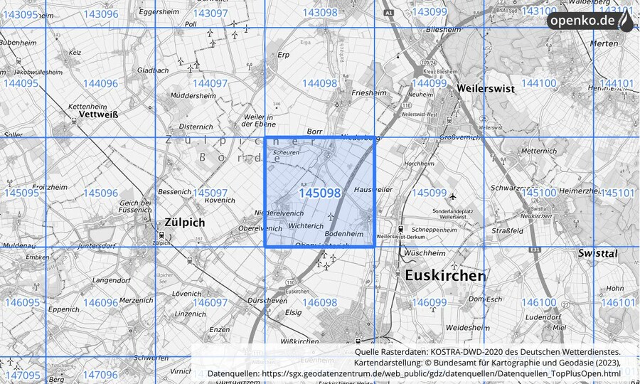 Übersichtskarte des KOSTRA-DWD-2020-Rasterfeldes Nr. 145098