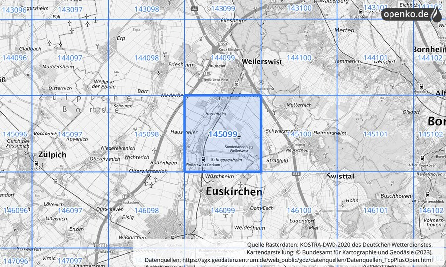 Übersichtskarte des KOSTRA-DWD-2020-Rasterfeldes Nr. 145099