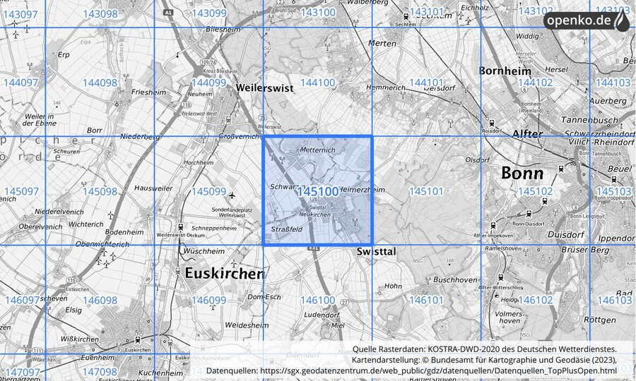 Übersichtskarte des KOSTRA-DWD-2020-Rasterfeldes Nr. 145100