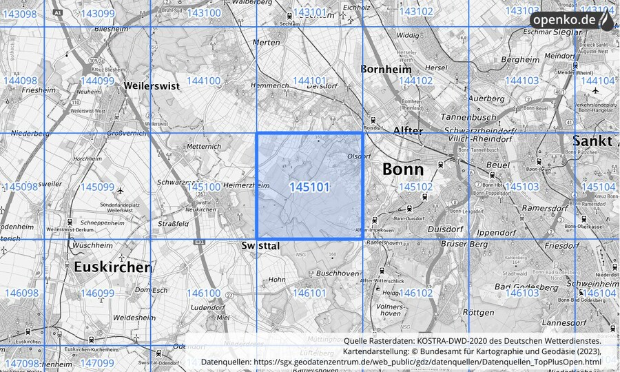 Übersichtskarte des KOSTRA-DWD-2020-Rasterfeldes Nr. 145101