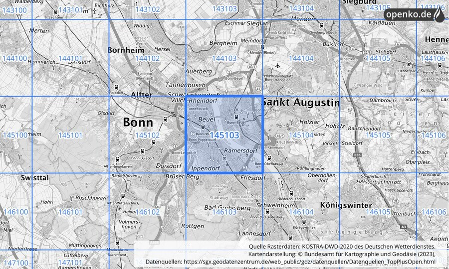 Übersichtskarte des KOSTRA-DWD-2020-Rasterfeldes Nr. 145103