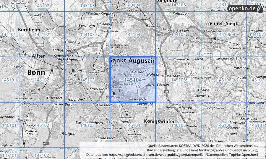 Übersichtskarte des KOSTRA-DWD-2020-Rasterfeldes Nr. 145104