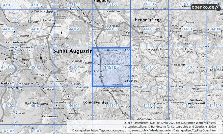 Übersichtskarte des KOSTRA-DWD-2020-Rasterfeldes Nr. 145105