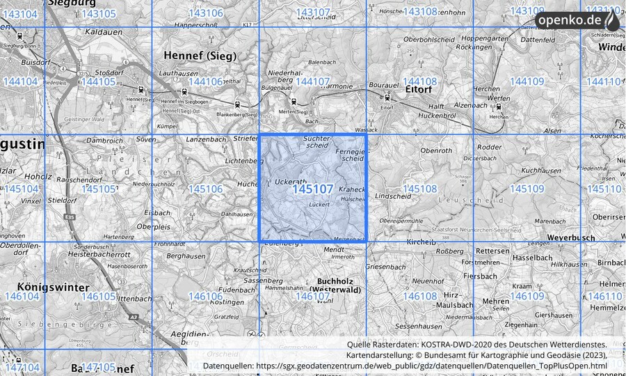 Übersichtskarte des KOSTRA-DWD-2020-Rasterfeldes Nr. 145107