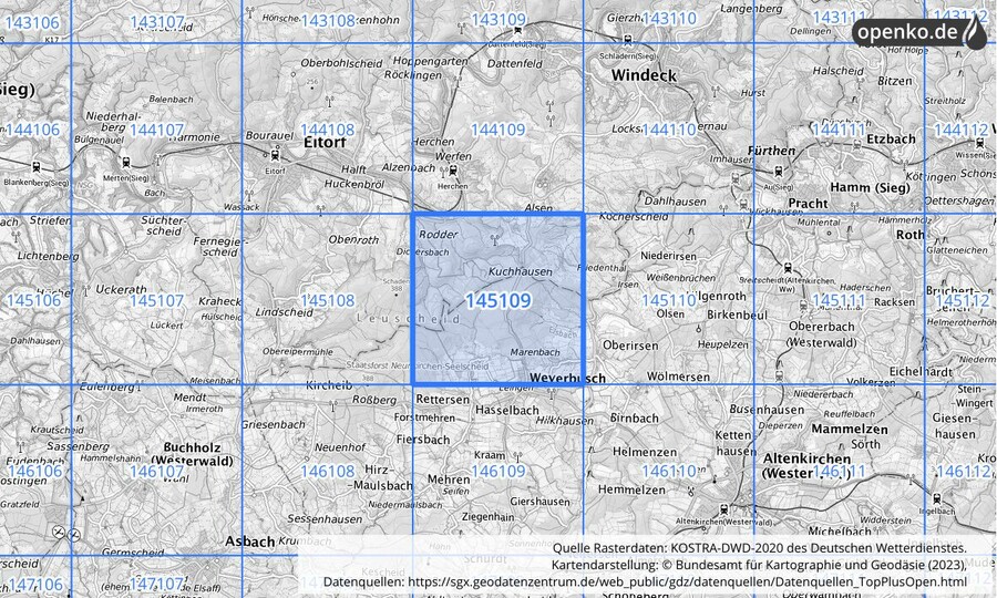 Übersichtskarte des KOSTRA-DWD-2020-Rasterfeldes Nr. 145109