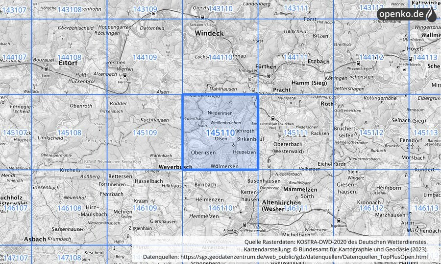 Übersichtskarte des KOSTRA-DWD-2020-Rasterfeldes Nr. 145110