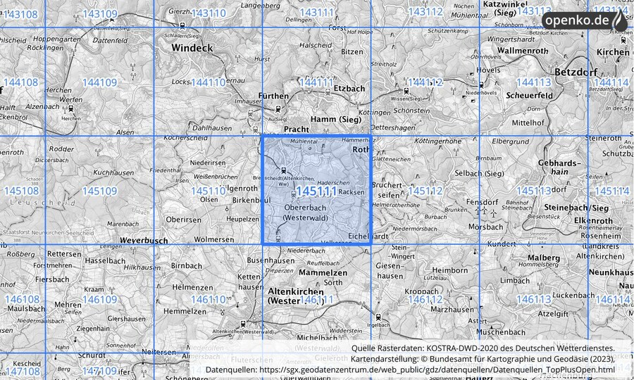 Übersichtskarte des KOSTRA-DWD-2020-Rasterfeldes Nr. 145111