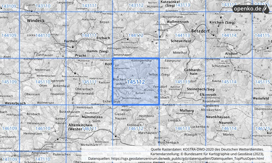 Übersichtskarte des KOSTRA-DWD-2020-Rasterfeldes Nr. 145112