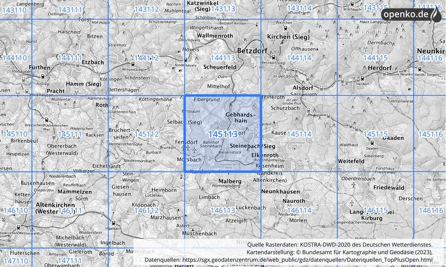 Übersichtskarte des KOSTRA-DWD-2020-Rasterfeldes Nr. 145113