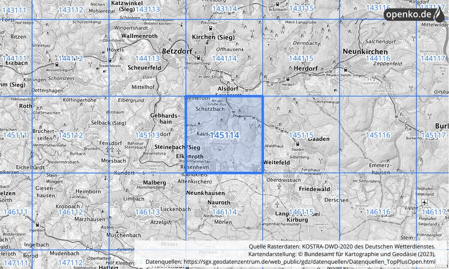 Übersichtskarte des KOSTRA-DWD-2020-Rasterfeldes Nr. 145114