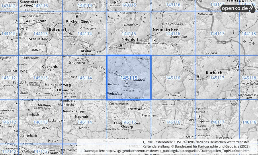 Übersichtskarte des KOSTRA-DWD-2020-Rasterfeldes Nr. 145115