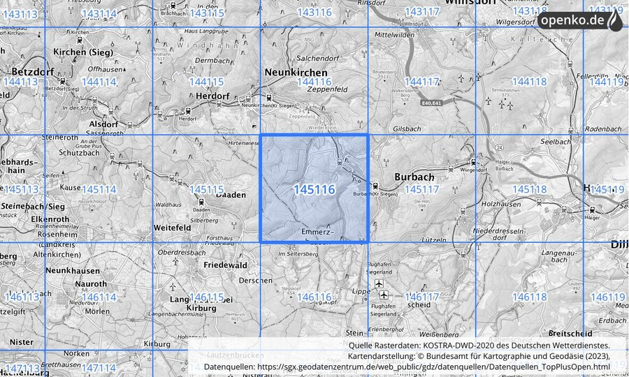 Übersichtskarte des KOSTRA-DWD-2020-Rasterfeldes Nr. 145116