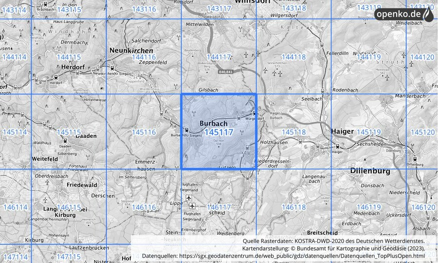 Übersichtskarte des KOSTRA-DWD-2020-Rasterfeldes Nr. 145117