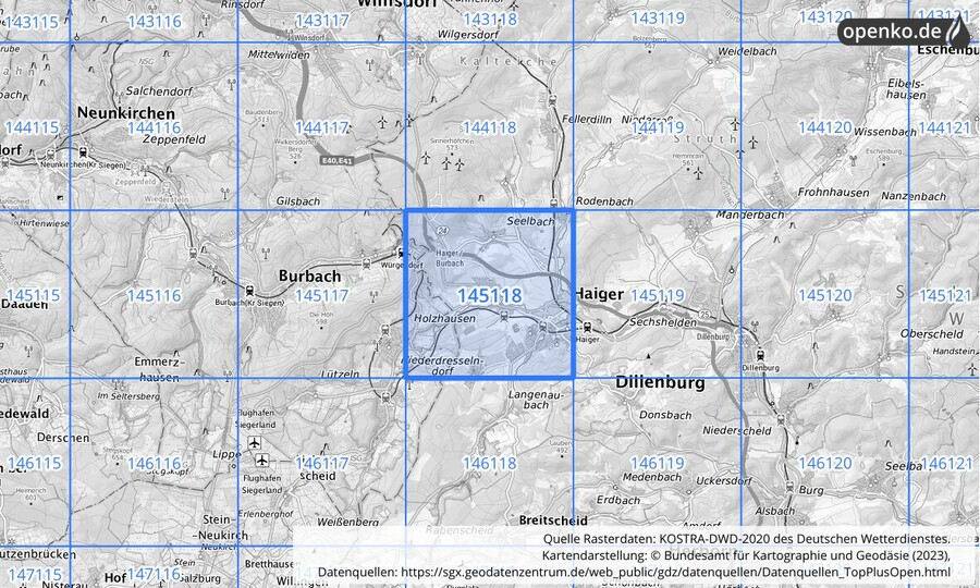 Übersichtskarte des KOSTRA-DWD-2020-Rasterfeldes Nr. 145118