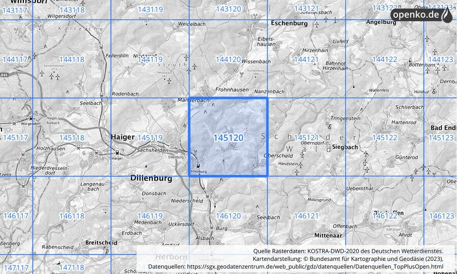 Übersichtskarte des KOSTRA-DWD-2020-Rasterfeldes Nr. 145120