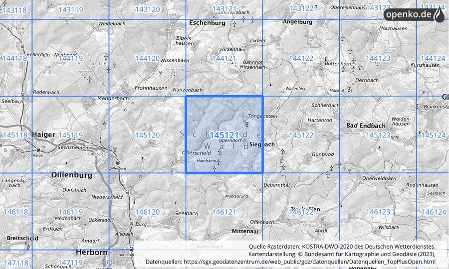Übersichtskarte des KOSTRA-DWD-2020-Rasterfeldes Nr. 145121