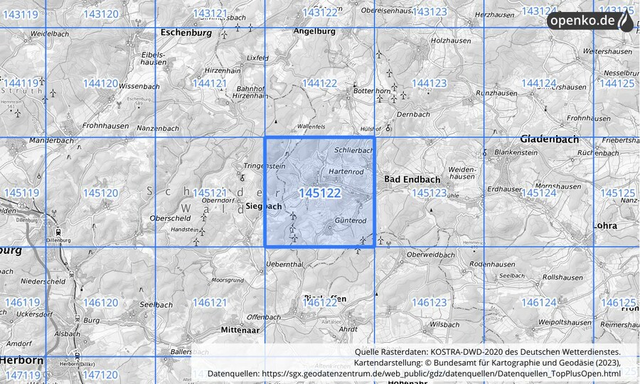 Übersichtskarte des KOSTRA-DWD-2020-Rasterfeldes Nr. 145122