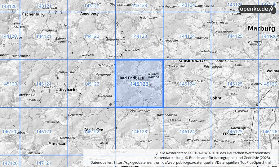 Übersichtskarte des KOSTRA-DWD-2020-Rasterfeldes Nr. 145123