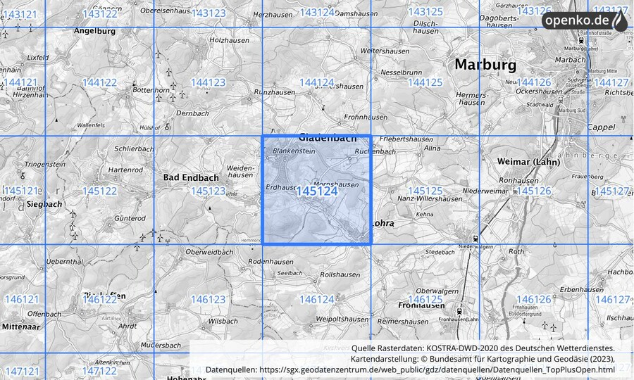 Übersichtskarte des KOSTRA-DWD-2020-Rasterfeldes Nr. 145124