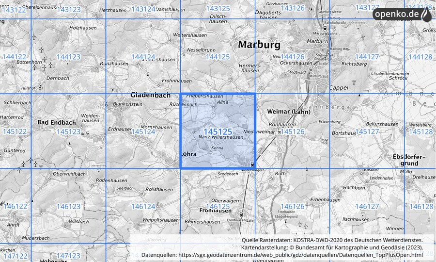 Übersichtskarte des KOSTRA-DWD-2020-Rasterfeldes Nr. 145125