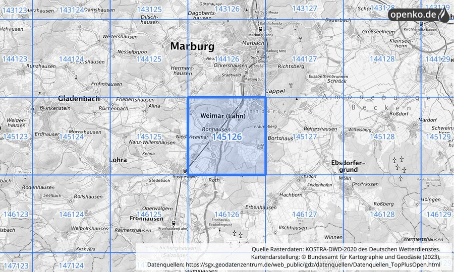 Übersichtskarte des KOSTRA-DWD-2020-Rasterfeldes Nr. 145126