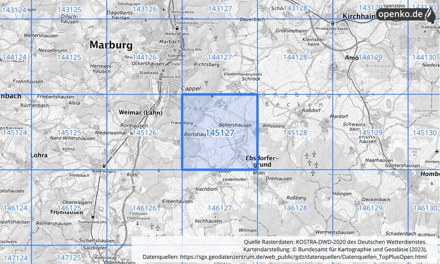 Übersichtskarte des KOSTRA-DWD-2020-Rasterfeldes Nr. 145127