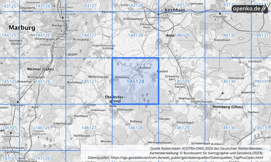 Übersichtskarte des KOSTRA-DWD-2020-Rasterfeldes Nr. 145128