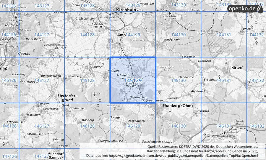 Übersichtskarte des KOSTRA-DWD-2020-Rasterfeldes Nr. 145129