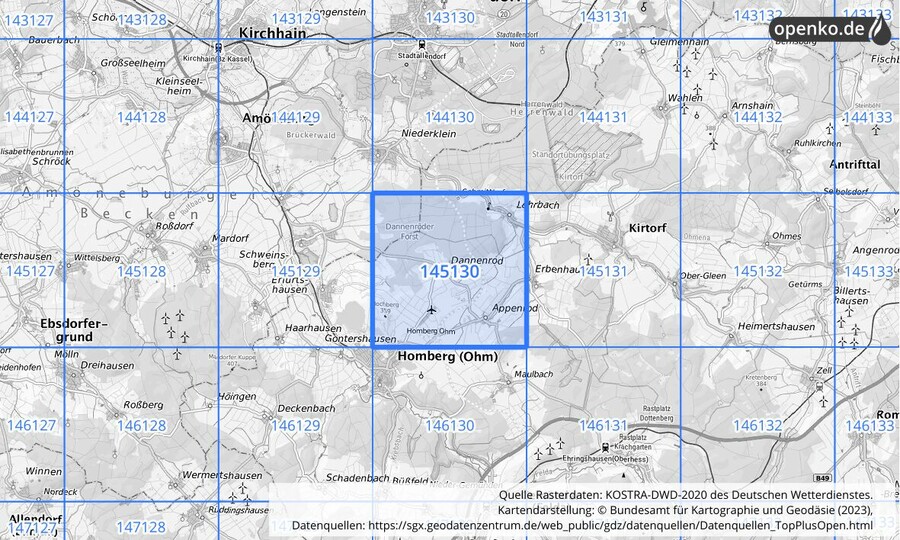 Übersichtskarte des KOSTRA-DWD-2020-Rasterfeldes Nr. 145130