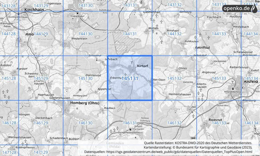 Übersichtskarte des KOSTRA-DWD-2020-Rasterfeldes Nr. 145131