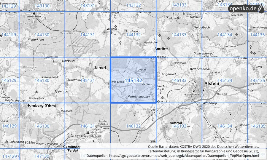 Übersichtskarte des KOSTRA-DWD-2020-Rasterfeldes Nr. 145132