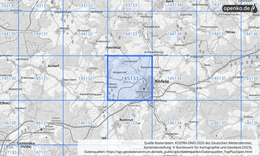 Übersichtskarte des KOSTRA-DWD-2020-Rasterfeldes Nr. 145133