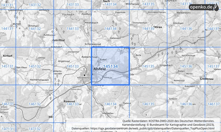 Übersichtskarte des KOSTRA-DWD-2020-Rasterfeldes Nr. 145134