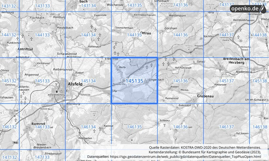 Übersichtskarte des KOSTRA-DWD-2020-Rasterfeldes Nr. 145135
