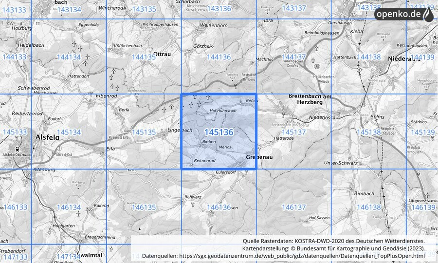 Übersichtskarte des KOSTRA-DWD-2020-Rasterfeldes Nr. 145136