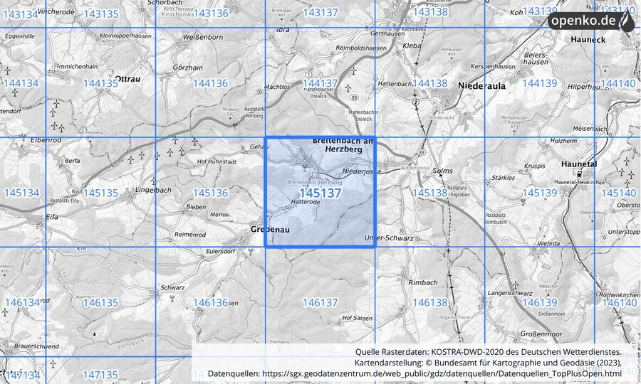 Übersichtskarte des KOSTRA-DWD-2020-Rasterfeldes Nr. 145137