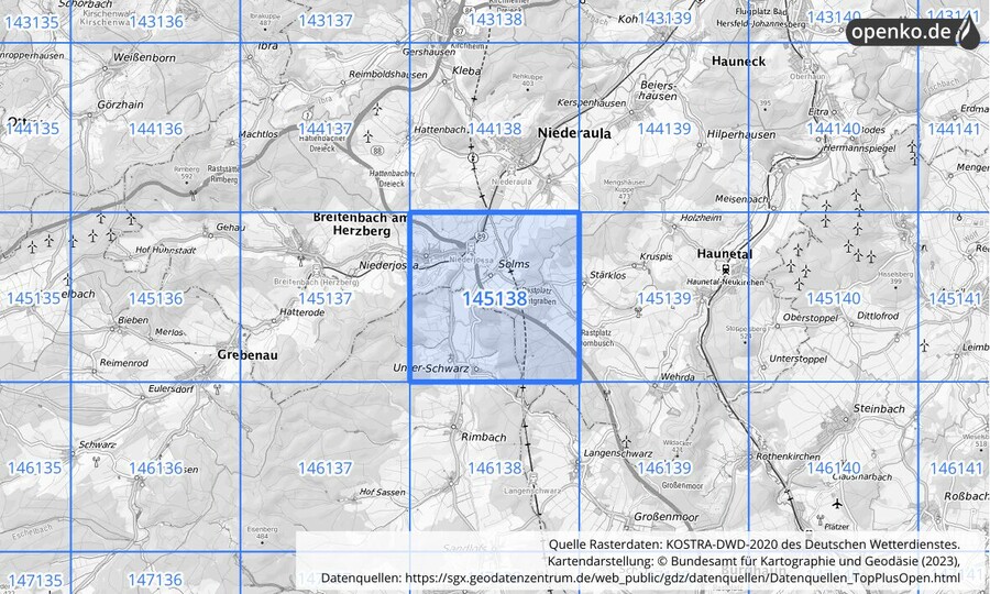 Übersichtskarte des KOSTRA-DWD-2020-Rasterfeldes Nr. 145138
