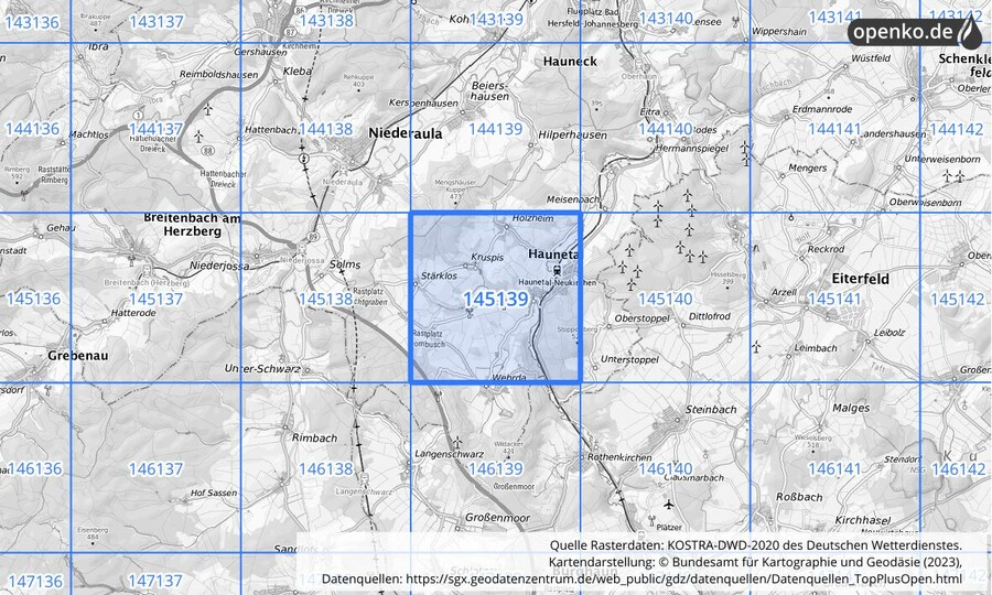 Übersichtskarte des KOSTRA-DWD-2020-Rasterfeldes Nr. 145139