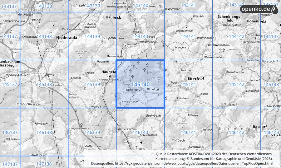 Übersichtskarte des KOSTRA-DWD-2020-Rasterfeldes Nr. 145140