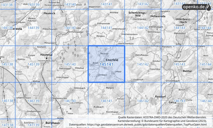 Übersichtskarte des KOSTRA-DWD-2020-Rasterfeldes Nr. 145141