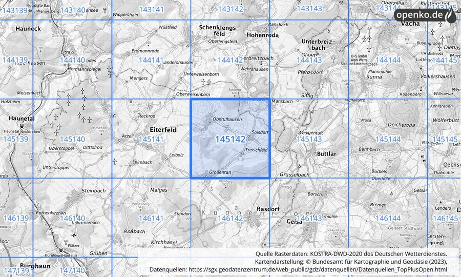 Übersichtskarte des KOSTRA-DWD-2020-Rasterfeldes Nr. 145142