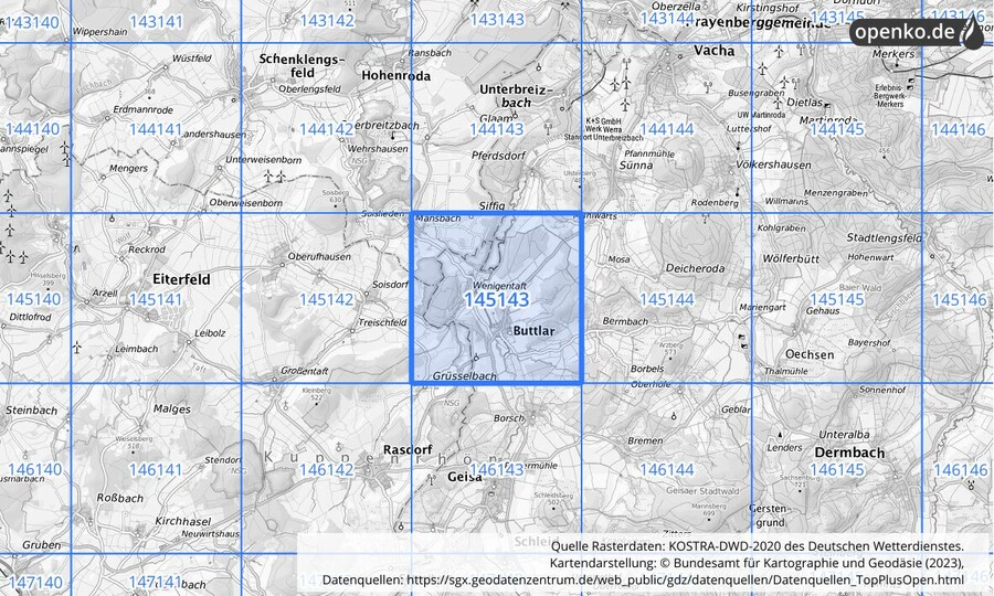 Übersichtskarte des KOSTRA-DWD-2020-Rasterfeldes Nr. 145143