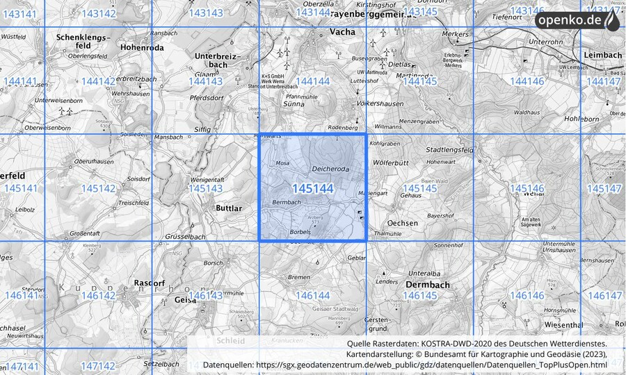 Übersichtskarte des KOSTRA-DWD-2020-Rasterfeldes Nr. 145144