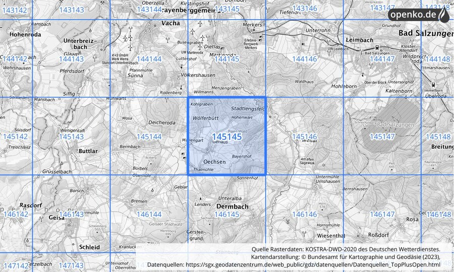 Übersichtskarte des KOSTRA-DWD-2020-Rasterfeldes Nr. 145145