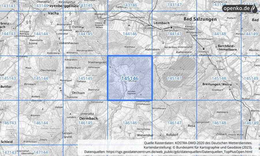 Übersichtskarte des KOSTRA-DWD-2020-Rasterfeldes Nr. 145146