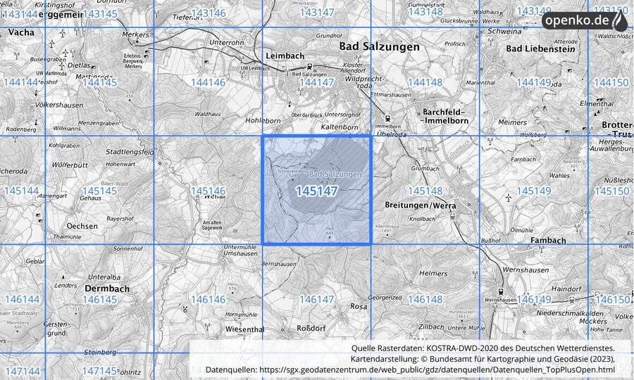 Übersichtskarte des KOSTRA-DWD-2020-Rasterfeldes Nr. 145147
