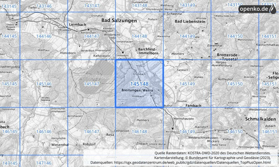 Übersichtskarte des KOSTRA-DWD-2020-Rasterfeldes Nr. 145148